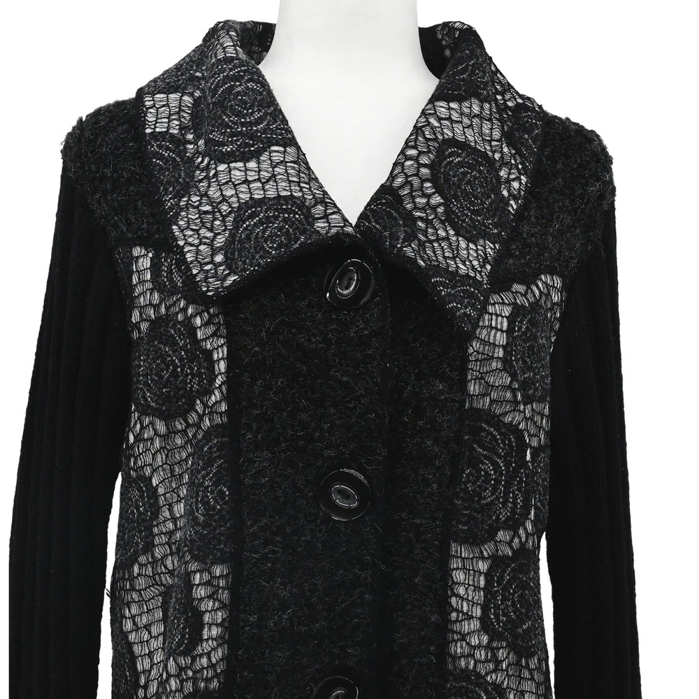 Y2K Whimsical Sioni Floral Lace Cardigan Jacket Black White Wool Mohair Blend - Picture 3 of 16